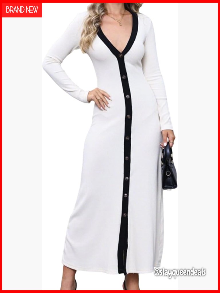 Ribbed Knit Bodycon Midi Dress V-Neck Button Down Color Block Long Sleeve Party
